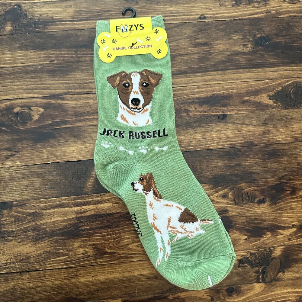 NWT Foozys Green Jack Russell Terrier Pattern Crew Socks Women One Size